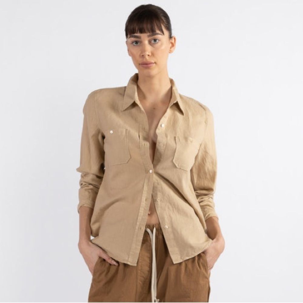 Nili Lotan Kaya Beige Utility Button Down Shirt Quiet Luxury Safari M EUC